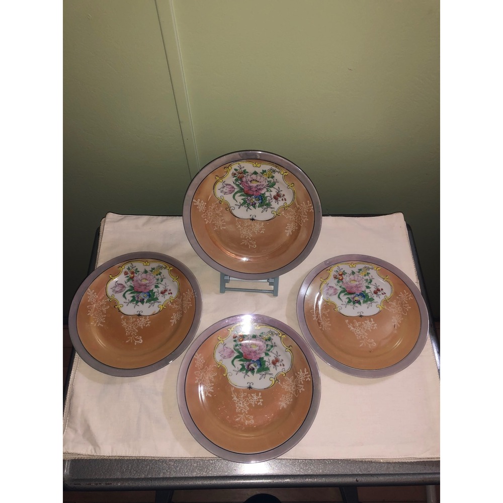 Vintage Hand Painted Japanese Lusterware Floral Plates Peach Silver Set of 4